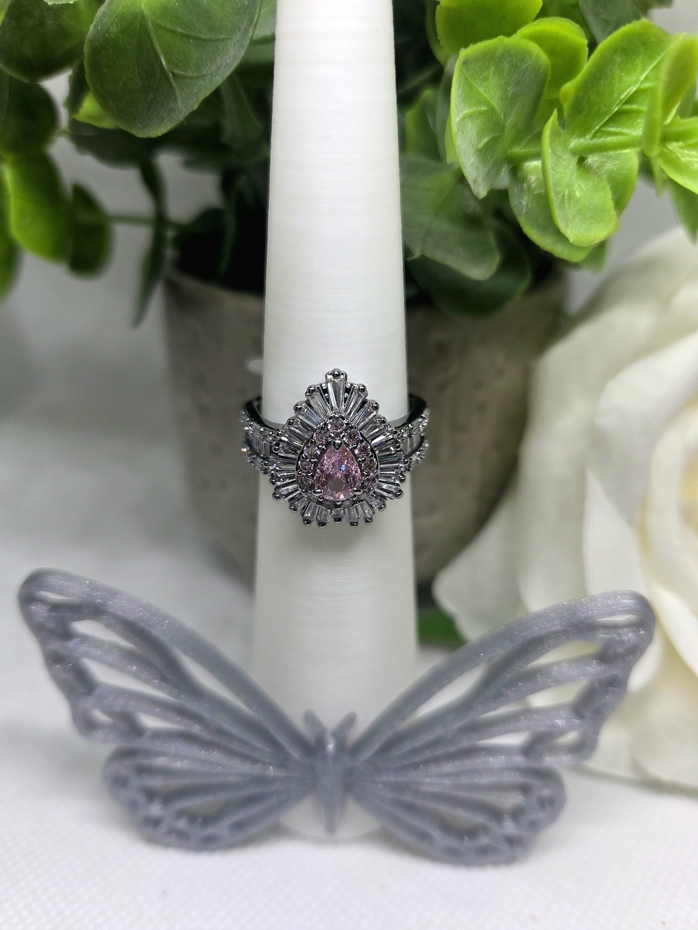 Radiant Pear Pink Halo Ring in Silver-Tone